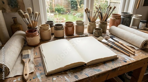 Artist creative workspace with open sketchbook and art supplies
