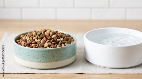 Dry pet food kibble in ceramic bowl and fresh water on kitchen floor for domestic cat or dog health