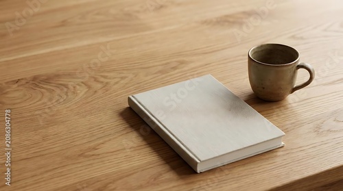Blank book and coffee cup on wooden table surface