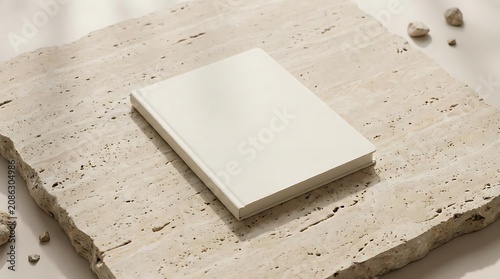 Blank book on textured stone surface with natural light and shadows