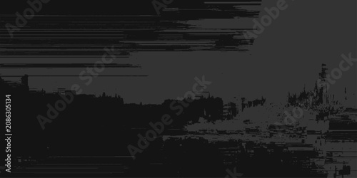 Photos Abstract dark grey glitch art background with low-key industrial city river pano