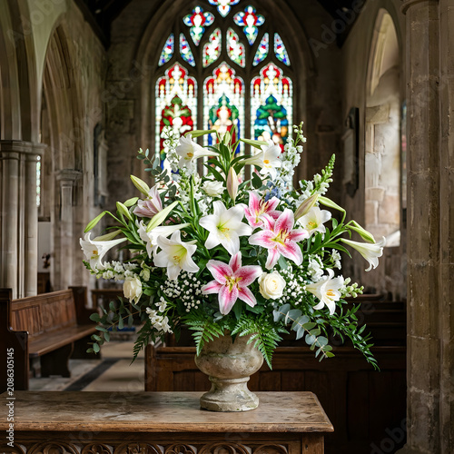 Elegant floral arrangement in ornate vase on pedestal.