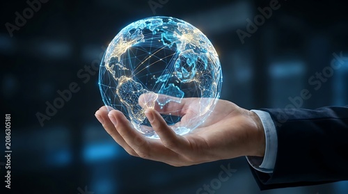 Human hand holding glowing digital globe with interconnected light lines and bright continents against dark blurry office.