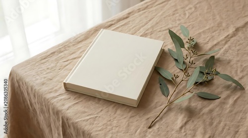 Blank book resting on textured fabric with eucalyptus branch