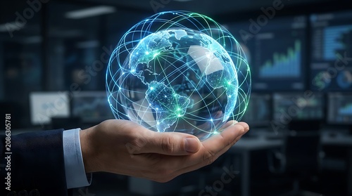 Human hand holding glowing glass globe orb with interconnected blue light lines digital network communication sphere.
