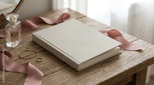 Blank book with elegant accessories on rustic wooden surface