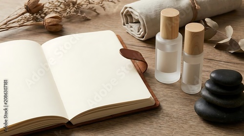Blank notebook and spa accessories on wooden table for self care and relaxation
