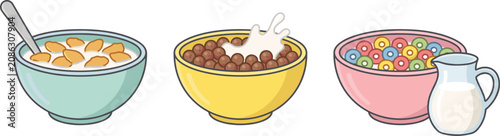 Foto Breakfast Cereal Bowls Vector Set Featuring Cornflakes with Spoon Chocolate Ball