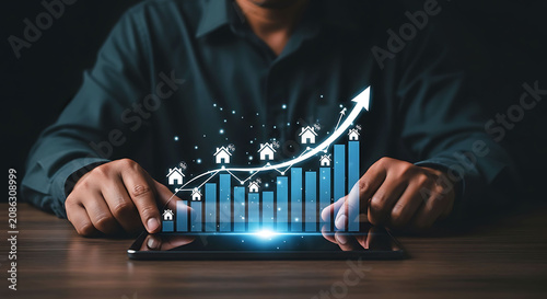 Real estate market growth graph on digital tablet with businessman holding device