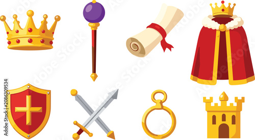 Tableau sur toile Medieval Royal Regalia Icon Set Featuring Crown Scepter Scroll Robe Shield Sword