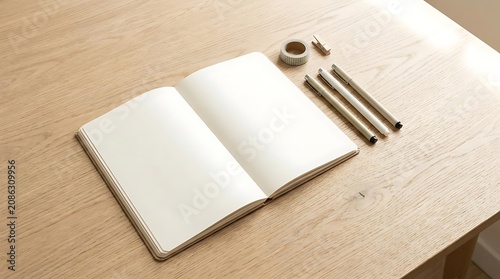 Blank open notebook with writing tools on wooden table surface