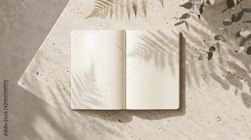Blank open notebook with natural shadow overlay