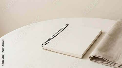 Blank spiral notebook and cloth on white table surface