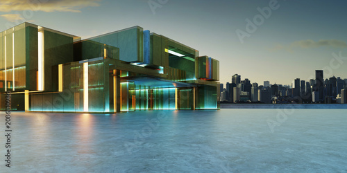 3d rendering modern building with glass facade and cityscape background
