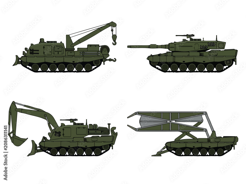 Fototapeta premium Collection of military tanks with different weapons and equipment in various configurations for defense and combat