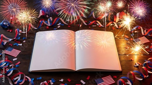 Celebration open book with fireworks and confetti