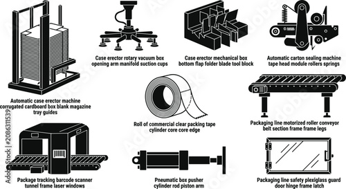 Obraz na plátně Automated Industrial Packaging Line Machinery Icon Set with Case Erector Sealing