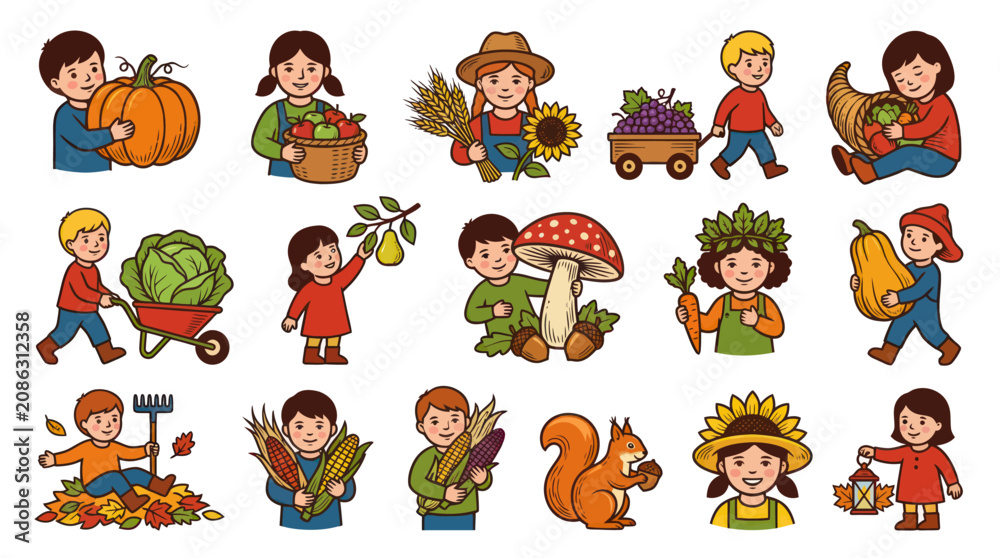 Fototapeta premium Autumn Harvest Cartoon Kids with Pumpkin, Corn, and Fruits