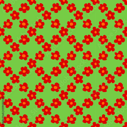 Vibrant red flower seamless pattern, green vector background with abstract cute repeating floral motifs, retro bright ornament for gift wrap