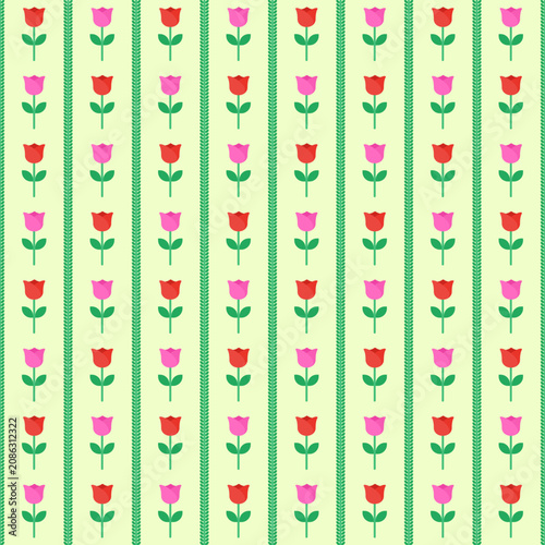 Cute tulip flower seamless pattern, vector vertical stripe background with red and pink spring blossom, repeating floral ornament for textile