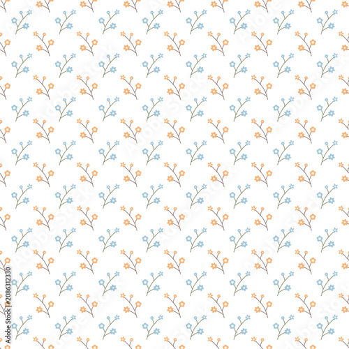 Minimalist floral seamless pattern, vector elegant white background with small flower branch twig, subtle repeating botanical ornament