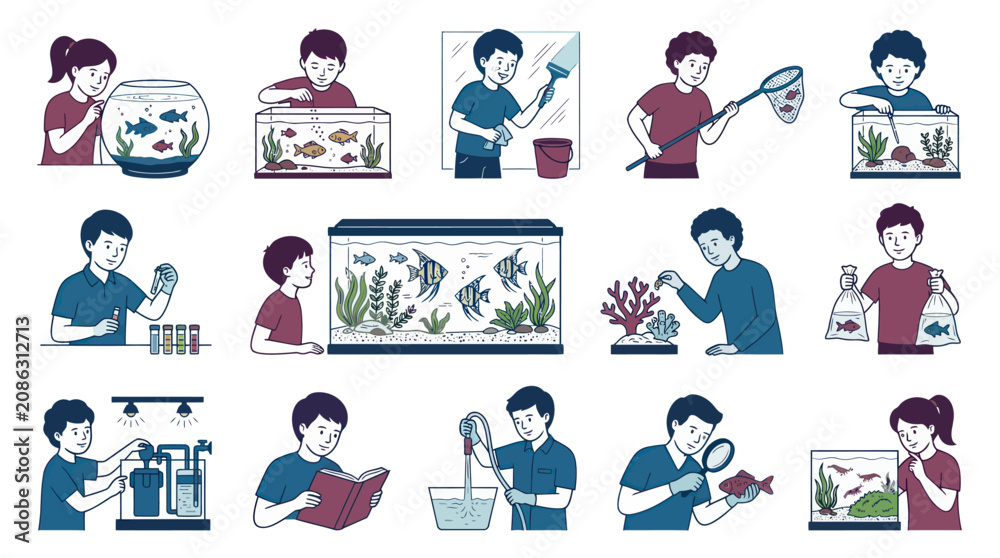 Fototapeta premium Children Caring For Fish Tanks, Flat Vector Icons Set