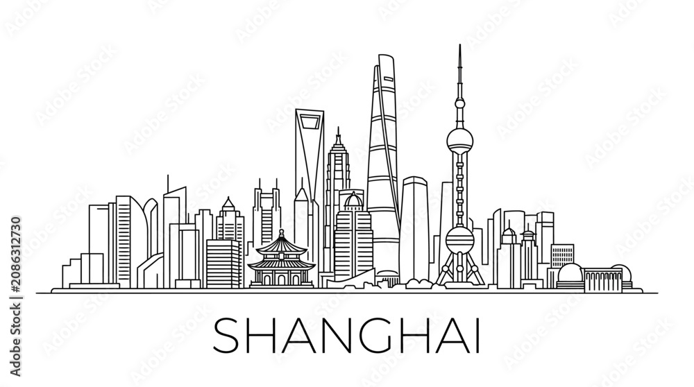 Fototapeta premium Shanghai Skyline Outline Vector Illustration