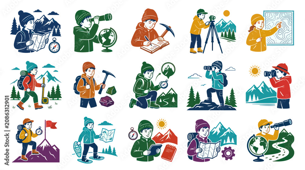 Fototapeta premium Vector Cartoon Illustrations of Kids Exploring Nature: Outdoor Education, Adventure Learning Set