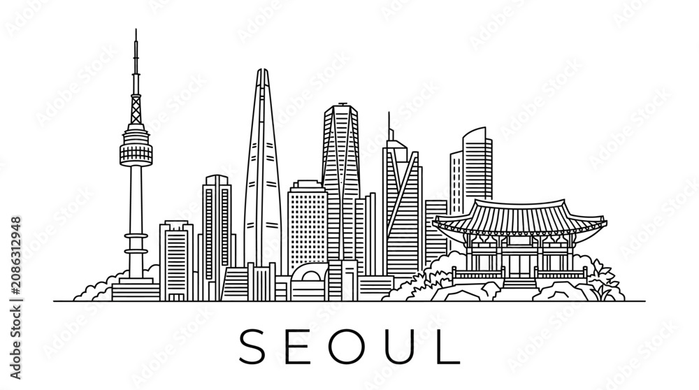 Fototapeta premium Seoul Skyline Icon: Modern Cityscape & Traditional Korean Architecture Outline