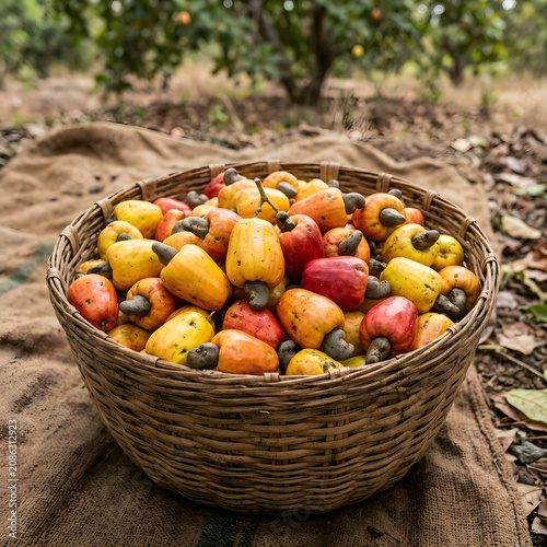 Fresh mixed fruit salad in a woven basket on wooden table.
