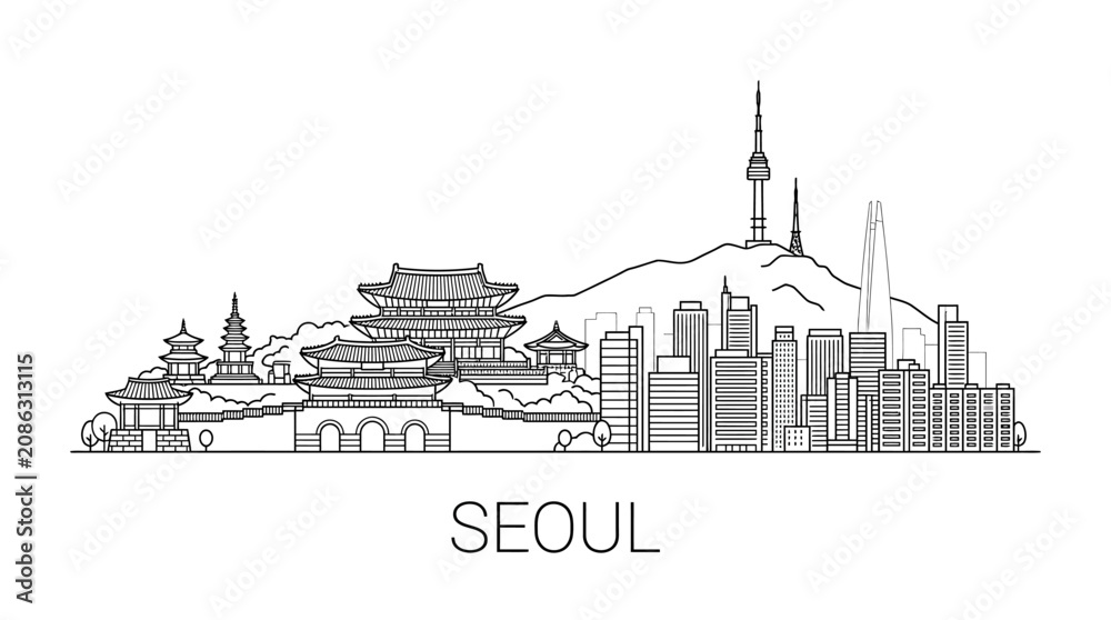 Obraz premium Seoul skyline illustration with traditional palaces and modern skyscrapers outline