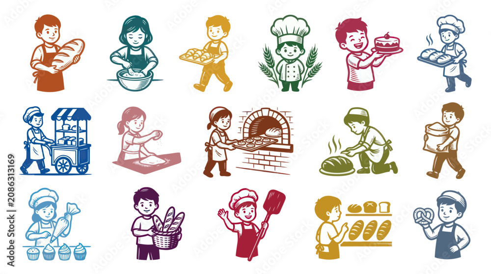 Obraz premium Baking Food Industry Cartoon Vector Illustrations: Cute Bakers, Bread, Cakes, Pastries, Oven Tools Icons Set