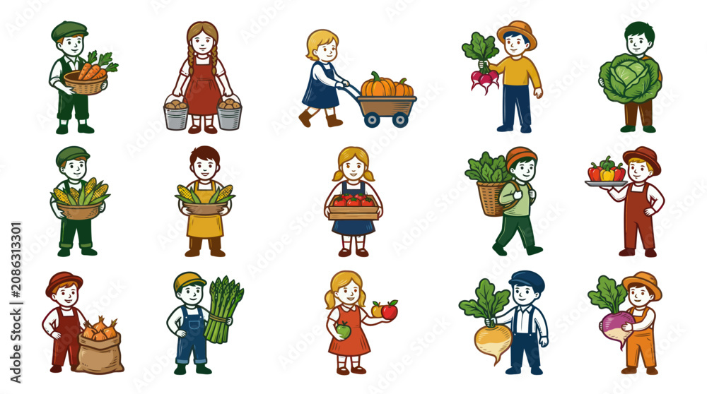 Fototapeta premium Diverse cartoon farmers holding fresh organic vegetables, flat vector illustration