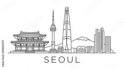 Seoul Skyline Silhouette: Traditional Palace & Modern Skyscrapers, Vector Line Art