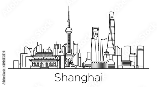 Shanghai skyline illustration, iconic landmarks, modern and traditional architecture outline