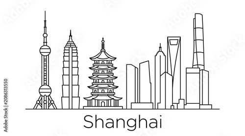 Shanghai Skyline Outline - Famous Landmarks Vector Art