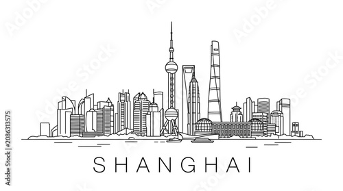 Shanghai skyline illustration, modern city, architecture, monochrome line art