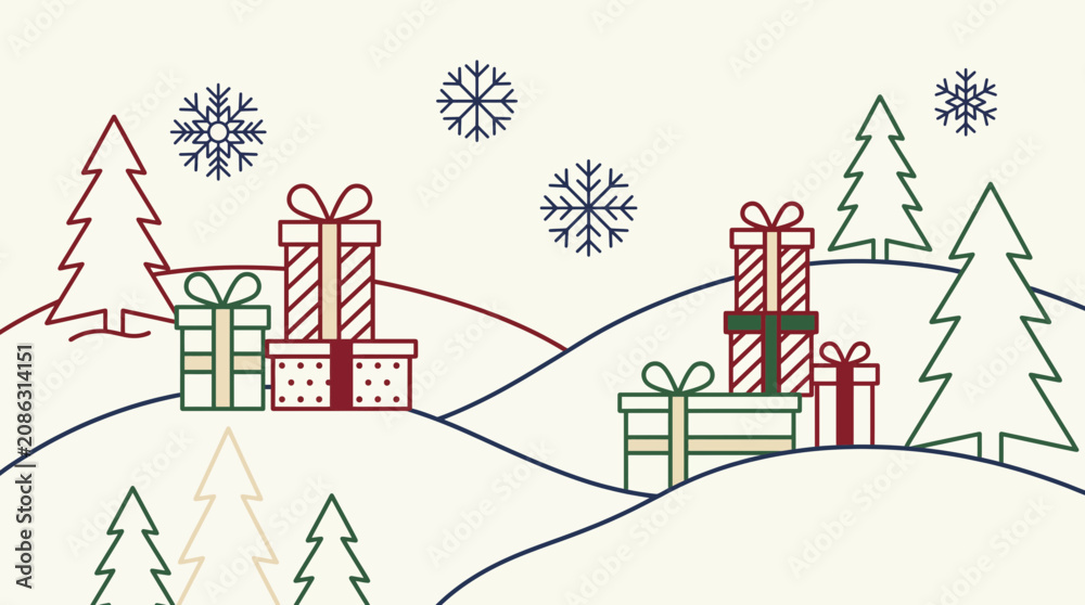 Obraz premium Christmas Snow Gift Vector Line Art Illustration
