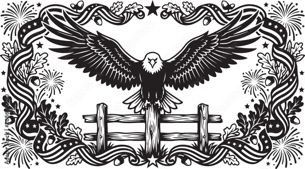 Fototapeta premium American eagle illustration, patriotic vector, black and white artwork, decorative border design