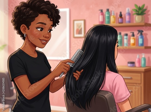 woman getting her long black hair combed by a stylist in a pink salon