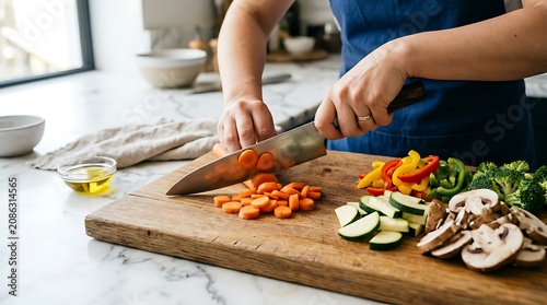 Chef Preparing Fresh Vegetables on Wooden Cutting Board in Modern Kitchen