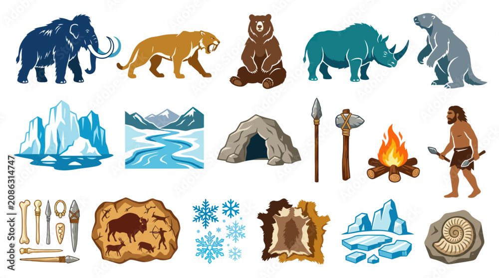 Obraz premium Ice Age Animals Caveman Icons, Flat Design, Prehistoric Mammals, Tools, Campfire, Cave