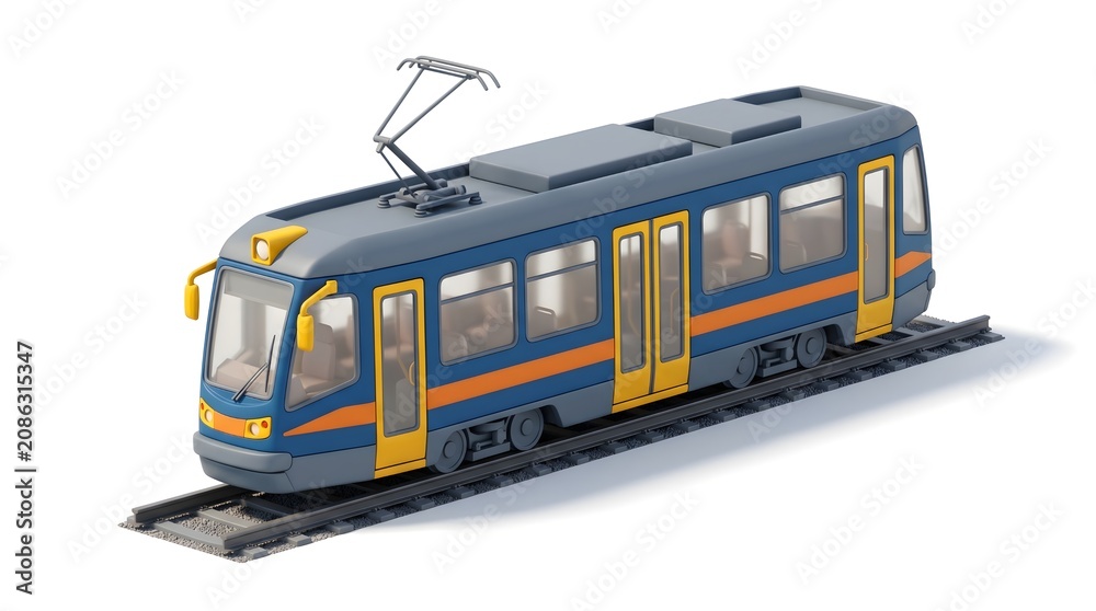 Fototapeta premium Modern tram moving on tracks with bright orange detail during daylight isolated on white background