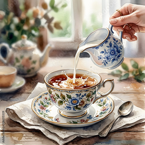 Elegant floral teacup with tea and saucer arrangement.