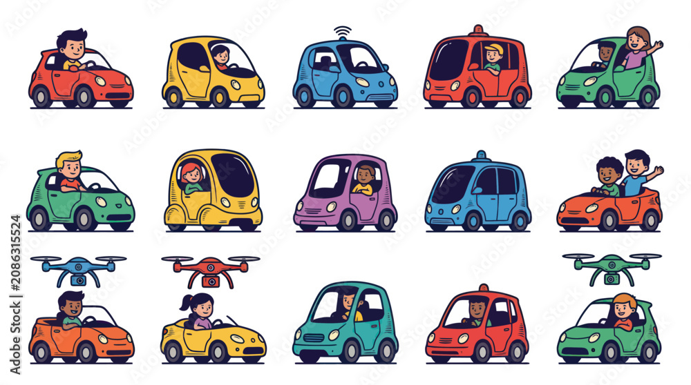 Fototapeta premium Cute Cartoon Cars and Drones with People Driving, Flat Vector Style