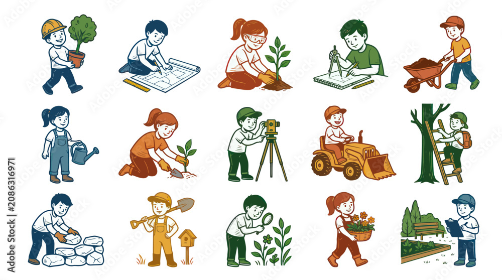 Fototapeta premium Kids Construction, Gardening, and Environmental Engineering Activities Hand-drawn Vector Set