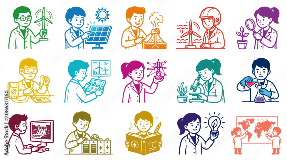 Fototapeta premium Science and Technology Professionals Line Art Illustrations. Diverse Scientists, Engineers, and Students Exploring STEM.