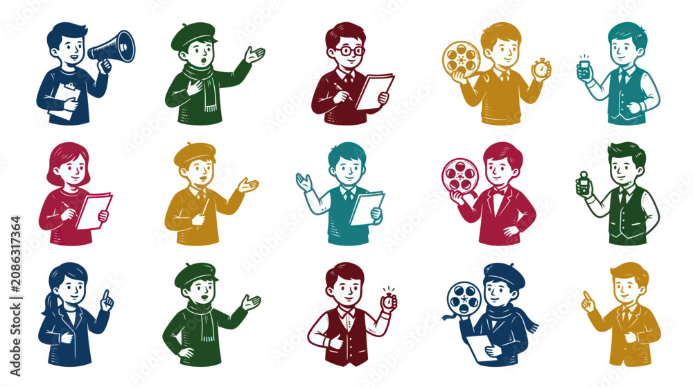 Fototapeta premium Cartoon Characters: Filmmakers, Directors, Actors Holding Film Reels, Megaphone