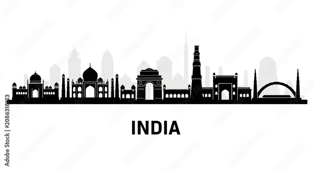 Obraz premium India Skyline Silhouette - Famous Landmarks & Architecture
