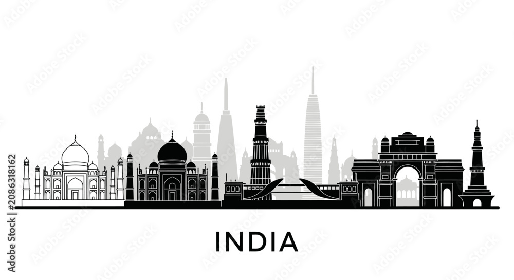 Fototapeta premium India Skyline Silhouette: Iconic Landmarks in Black and White